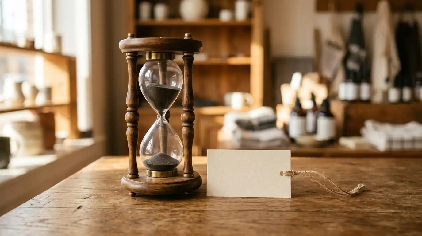 Eine Sanduhr neben einem Preisschild auf einem Verkaufstresen