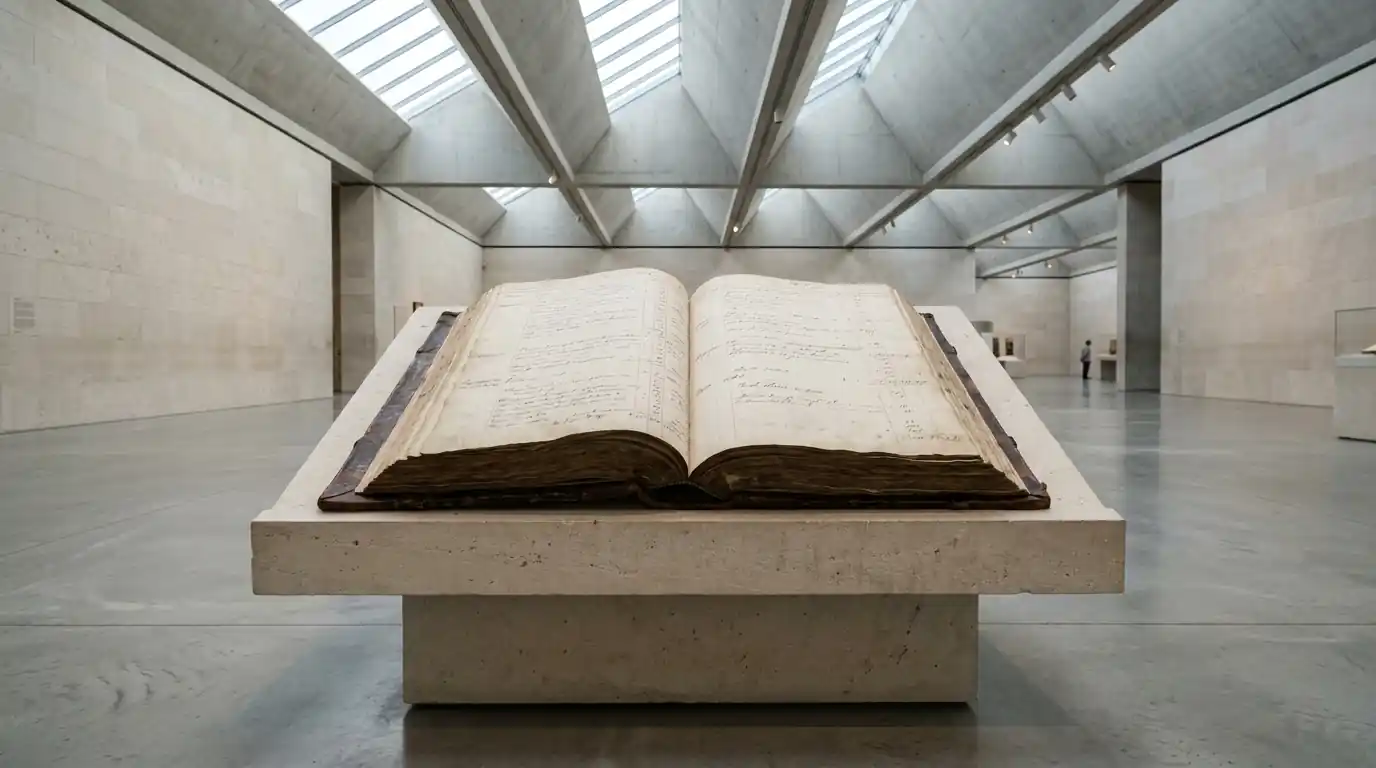 Ein offenes Hauptbuch auf einem Sockel in einem hellen Ausstellungsraum