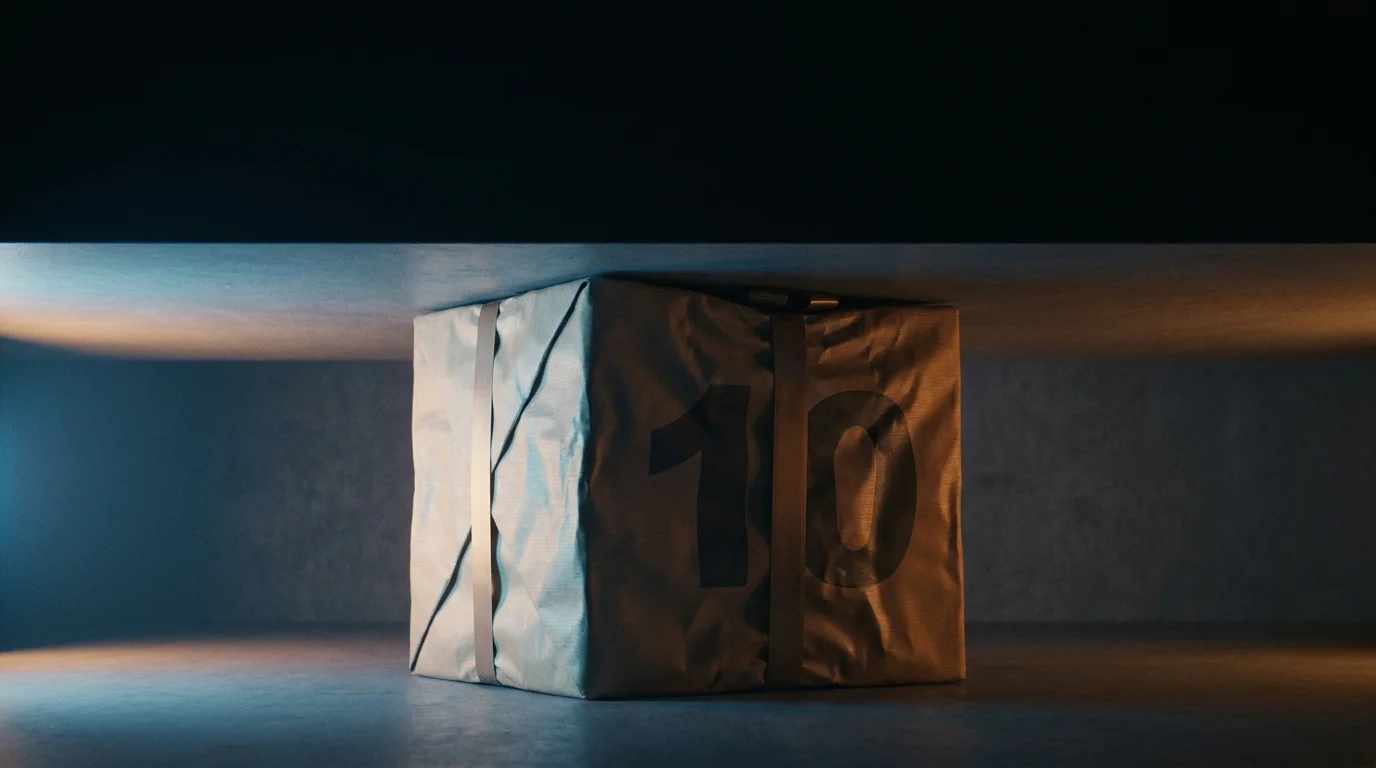 Ein Geschenkpaket mit der Aufschrift 10 stößt an eine niedrige Decke