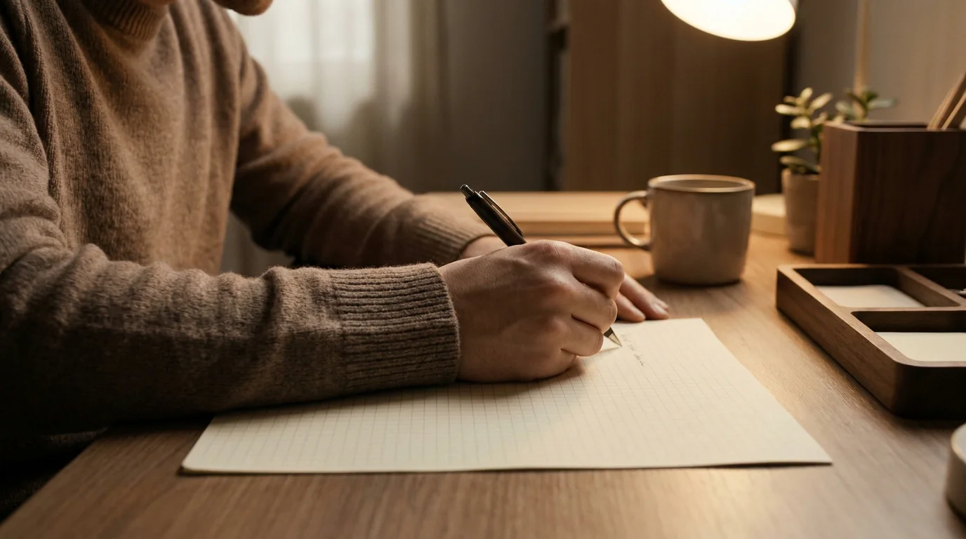 Person notiert eine Multiplikation mit Stift auf kariertem Papier