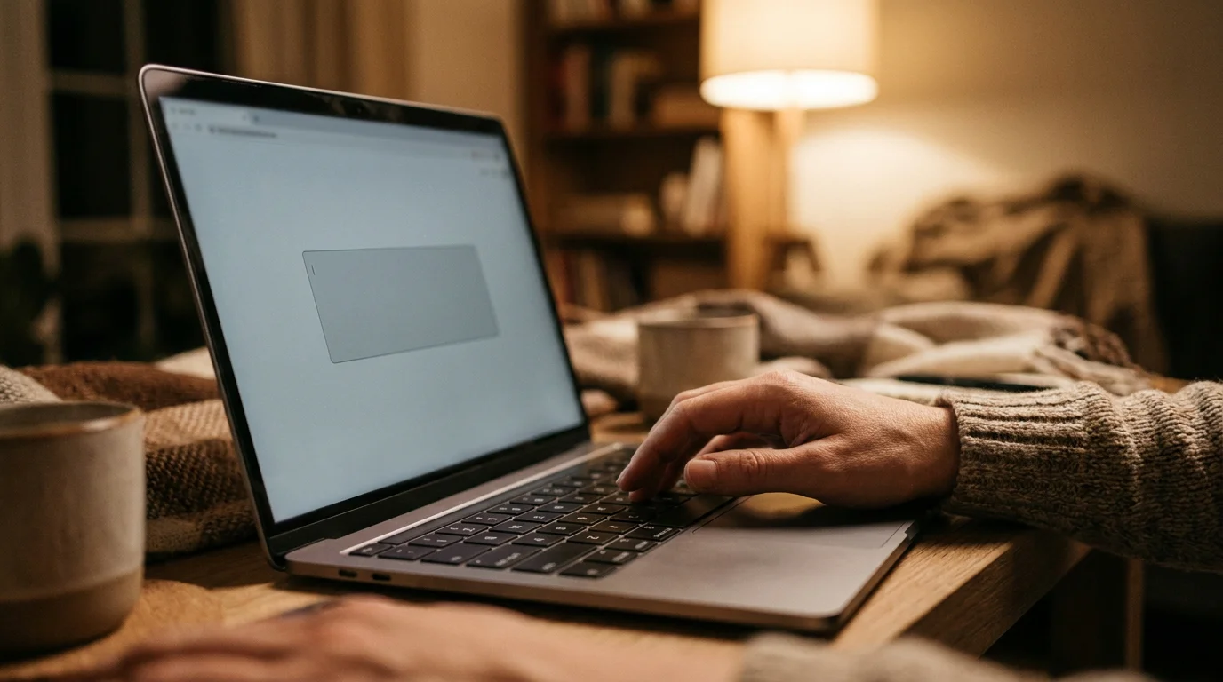 Hand tippt auf einer Tastatur vor einem leeren Eingabefeld auf einem Bildschirm