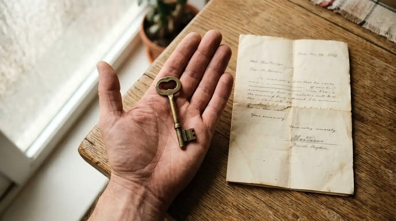 Ein Schlüssel in einer offenen Hand, daneben ein ausgestellter Schuldschein
