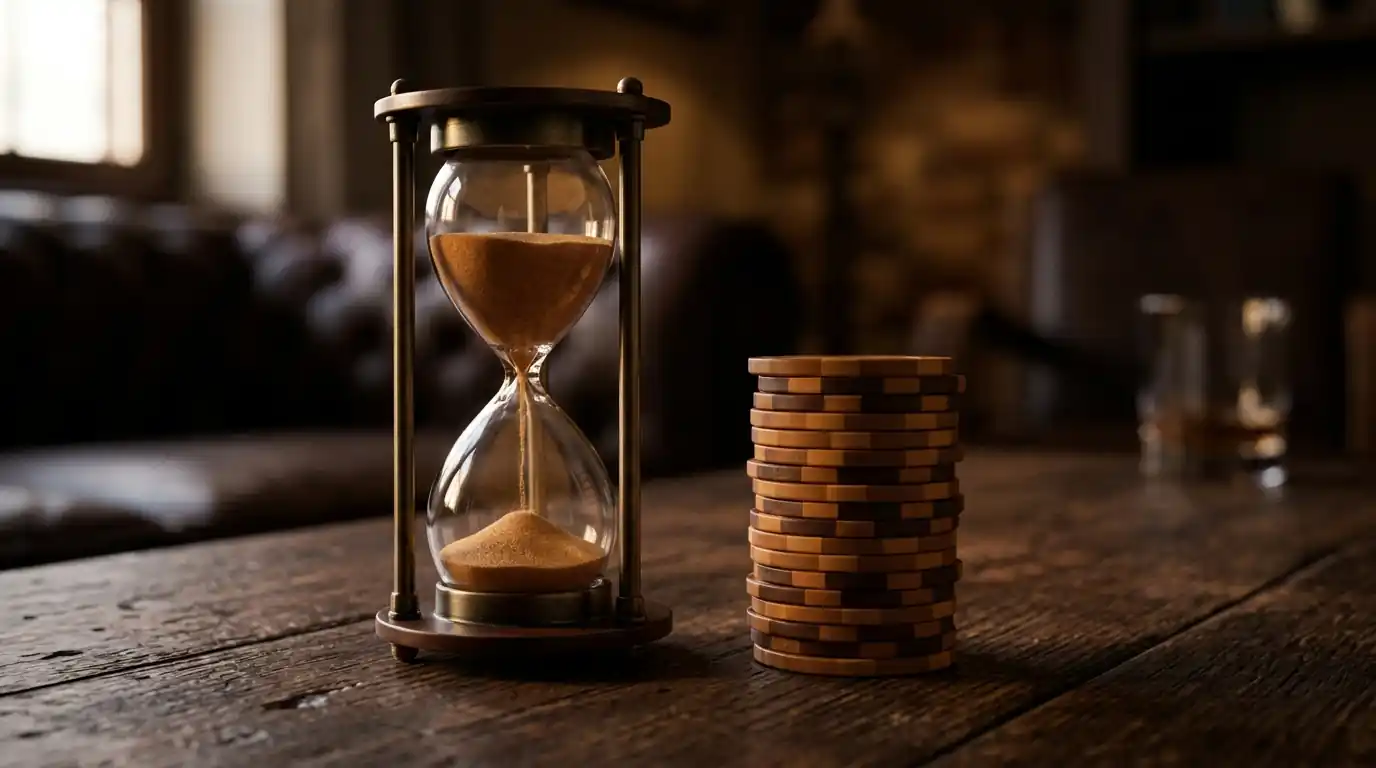 Eine Sanduhr neben einem bereitliegenden Stapel Spielmarken