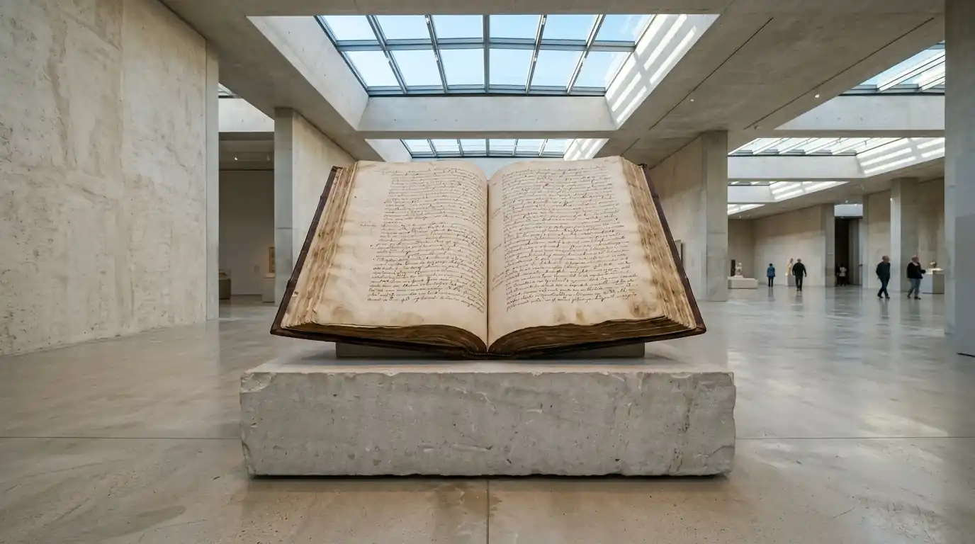 Ein offenes Hauptbuch auf einem Sockel in einem hellen Ausstellungsraum