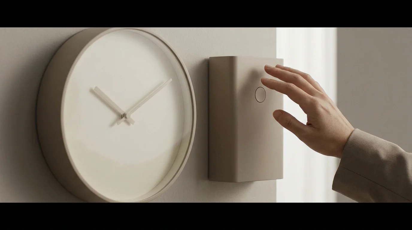 Wanduhr und eine Hand an einer schlichten Pausentaste