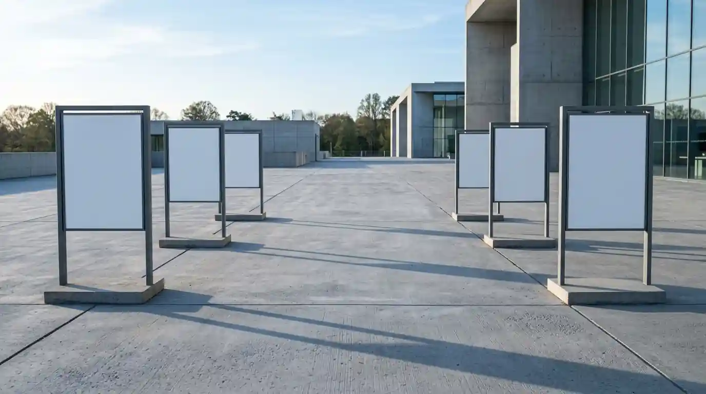 Sechs leere Schilder in zwei getrennten Reihen auf einem Vorplatz