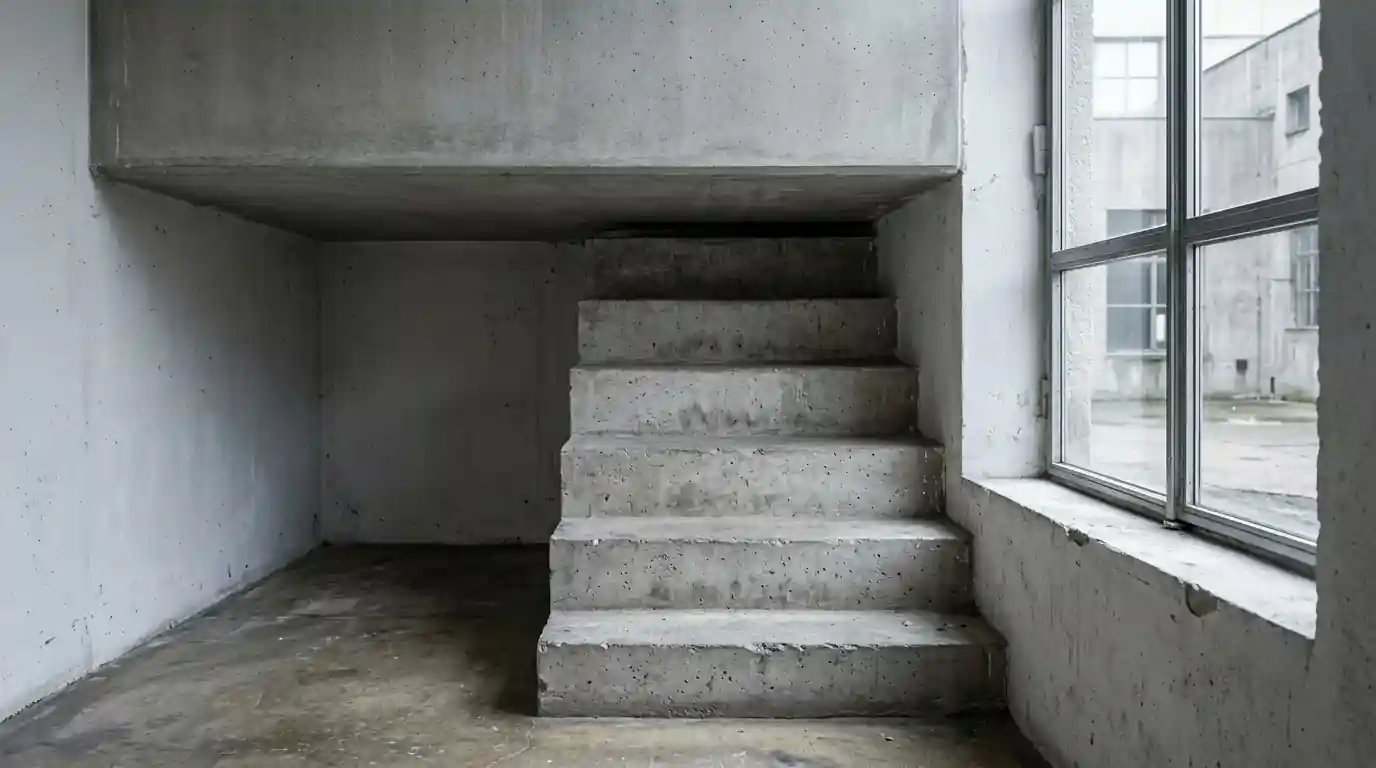 Eine Treppe mit fünf Stufen, deren oberste an eine feste Decke stößt