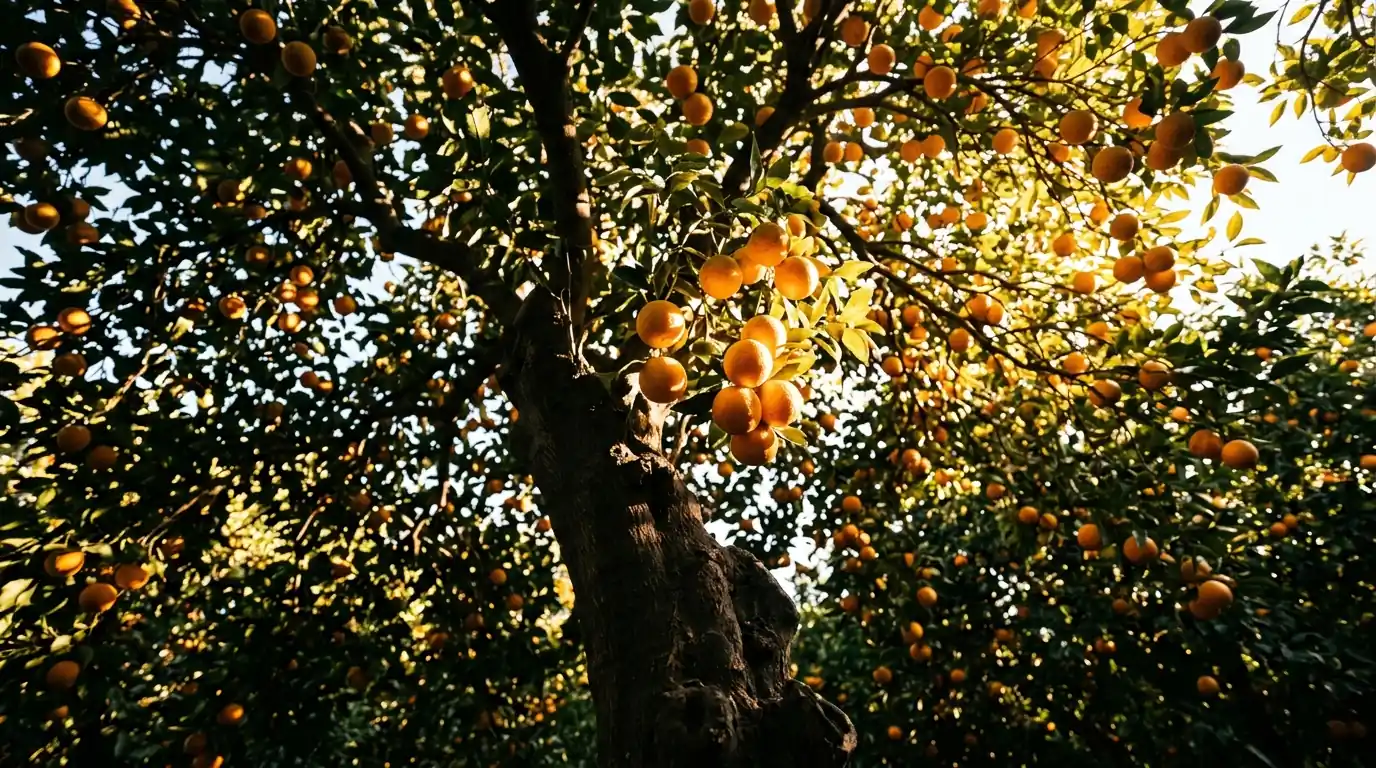 Ein Baum mit Früchten, der Stamm im Schatten, die Früchte im Licht