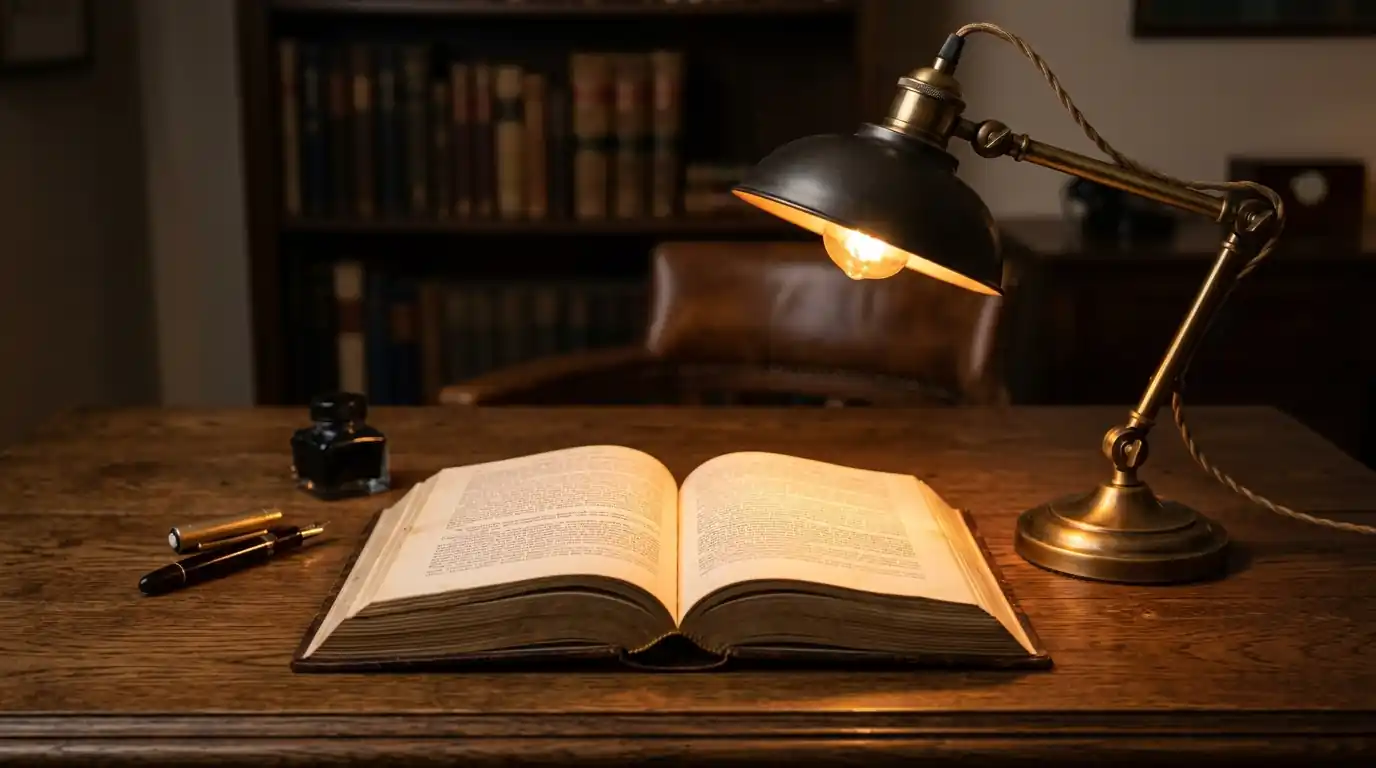 Ein aufgeschlagenes Gesetzbuch neben einer Lampe auf einem Schreibtisch