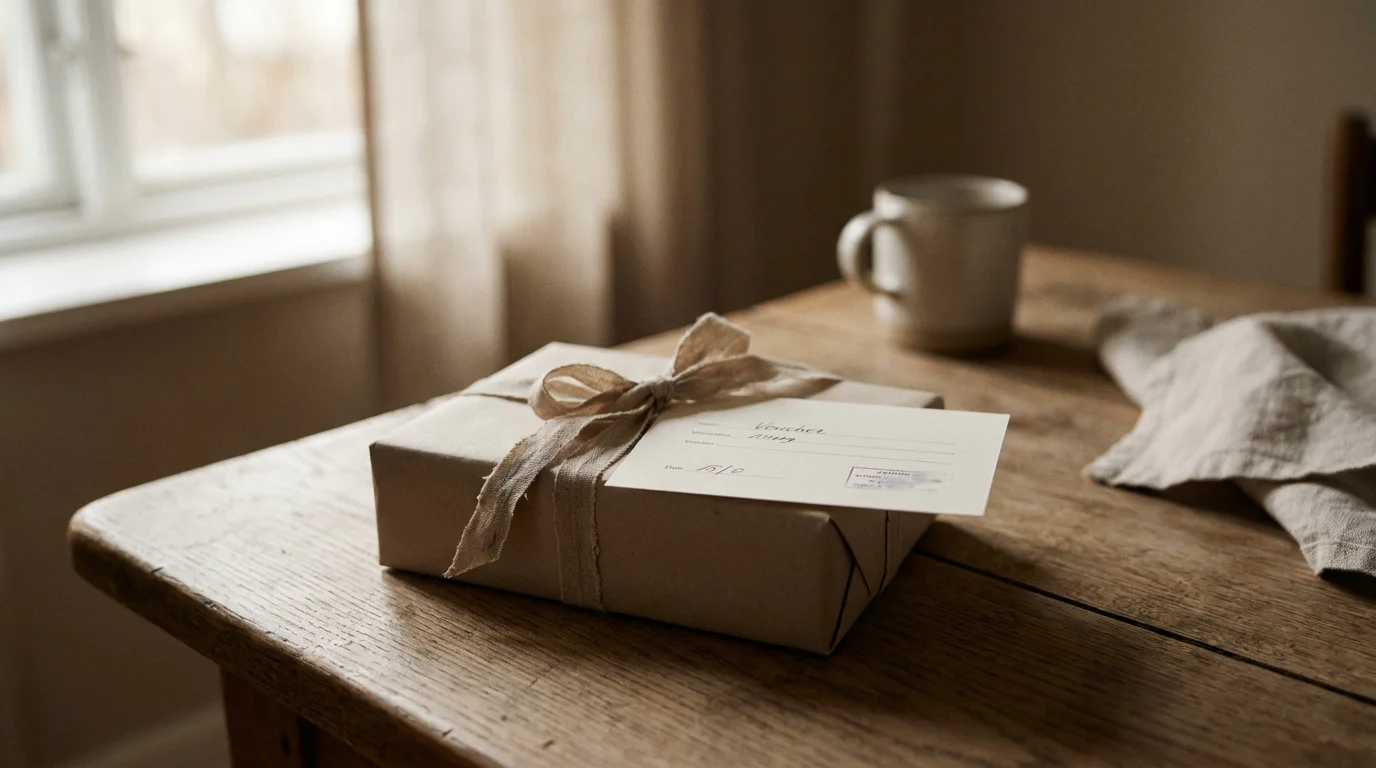 Ein verschnürtes Geschenk mit einem schlichten gedruckten Wertgutschein darauf