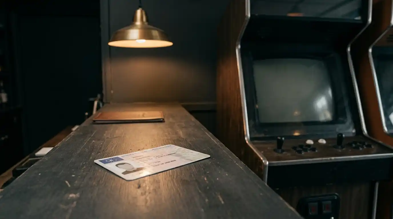 Ein Ausweis neben einem Spielhallenautomaten im Ruhezustand