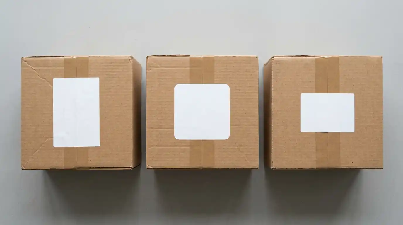 Drei identische Verpackungen mit unterschiedlichen Etiketten