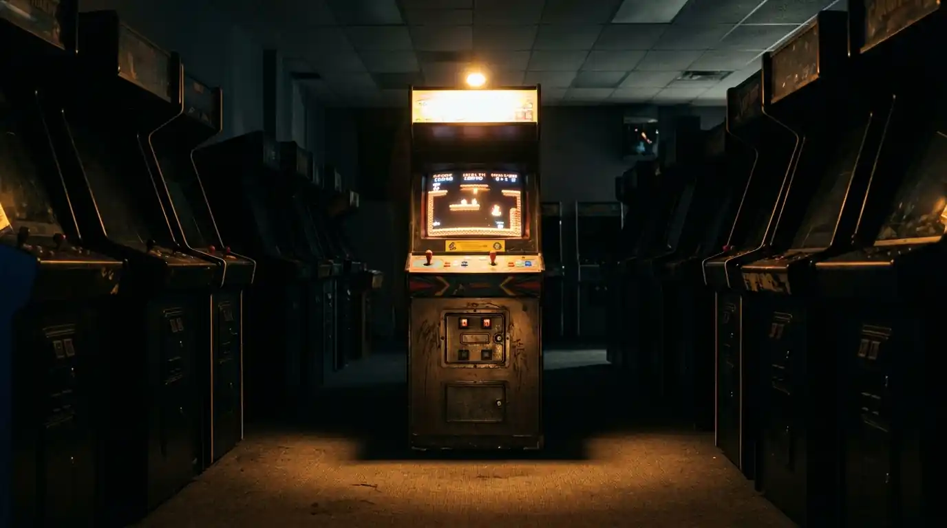 Ein einzelner Spielautomat in einer sonst leeren Reihe, hervorgehoben