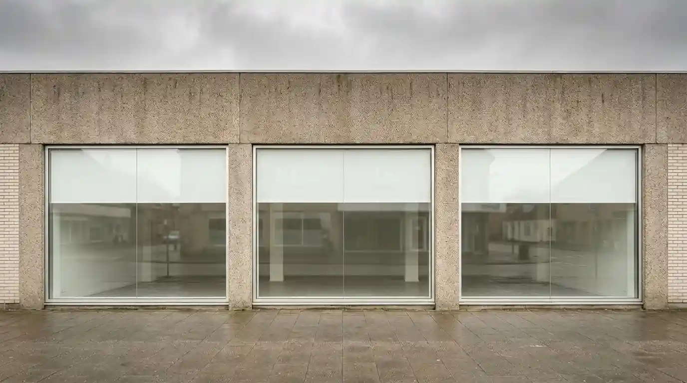 Reihe gleichförmiger Schaufenster einer schlichten Ladenzeile bei bedecktem Himmel