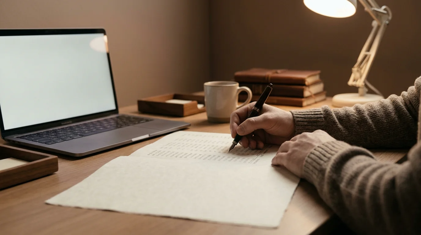 Person notiert lange Zahlenreihen mit Stift auf einem Blatt am Schreibtisch