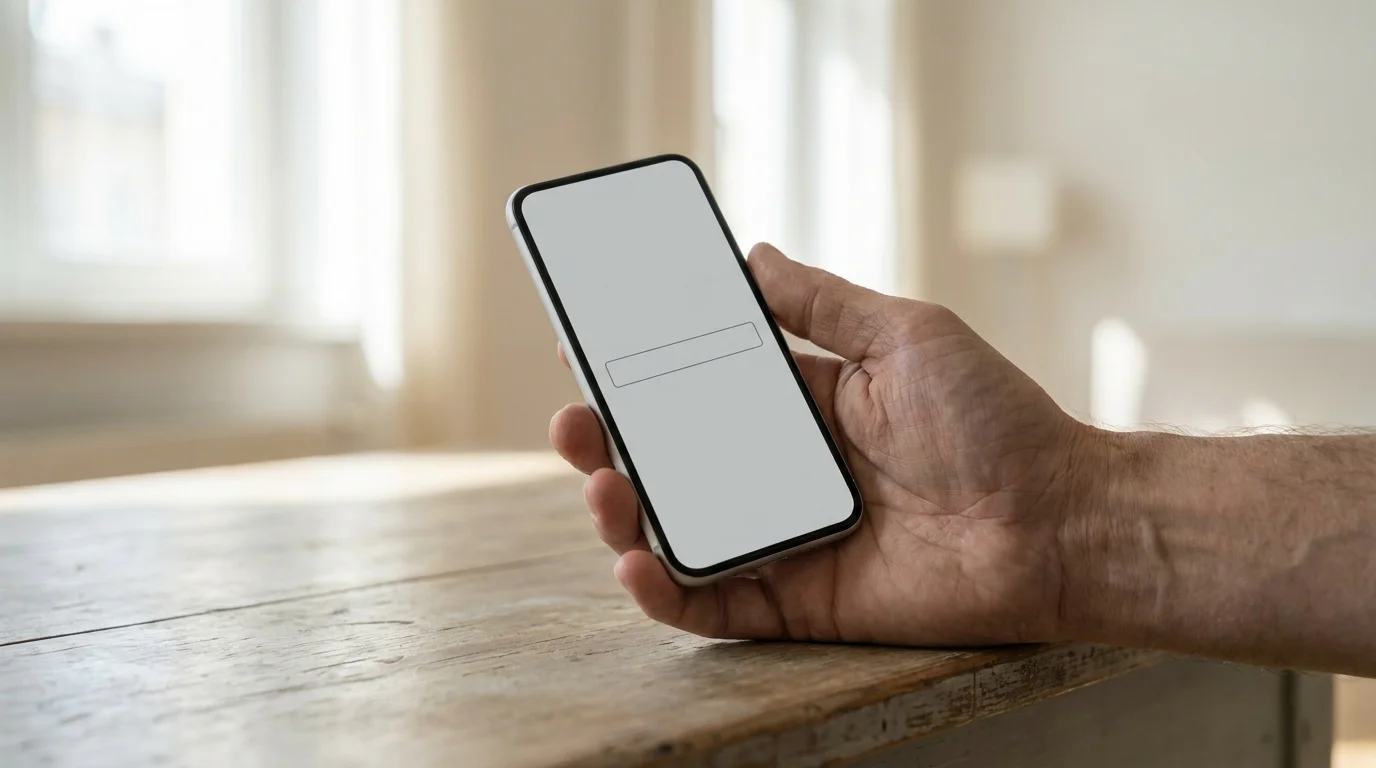 Hand haelt ein Mobilgeraet mit leerem Eingabefeld ueber einer hellen Tischplatte