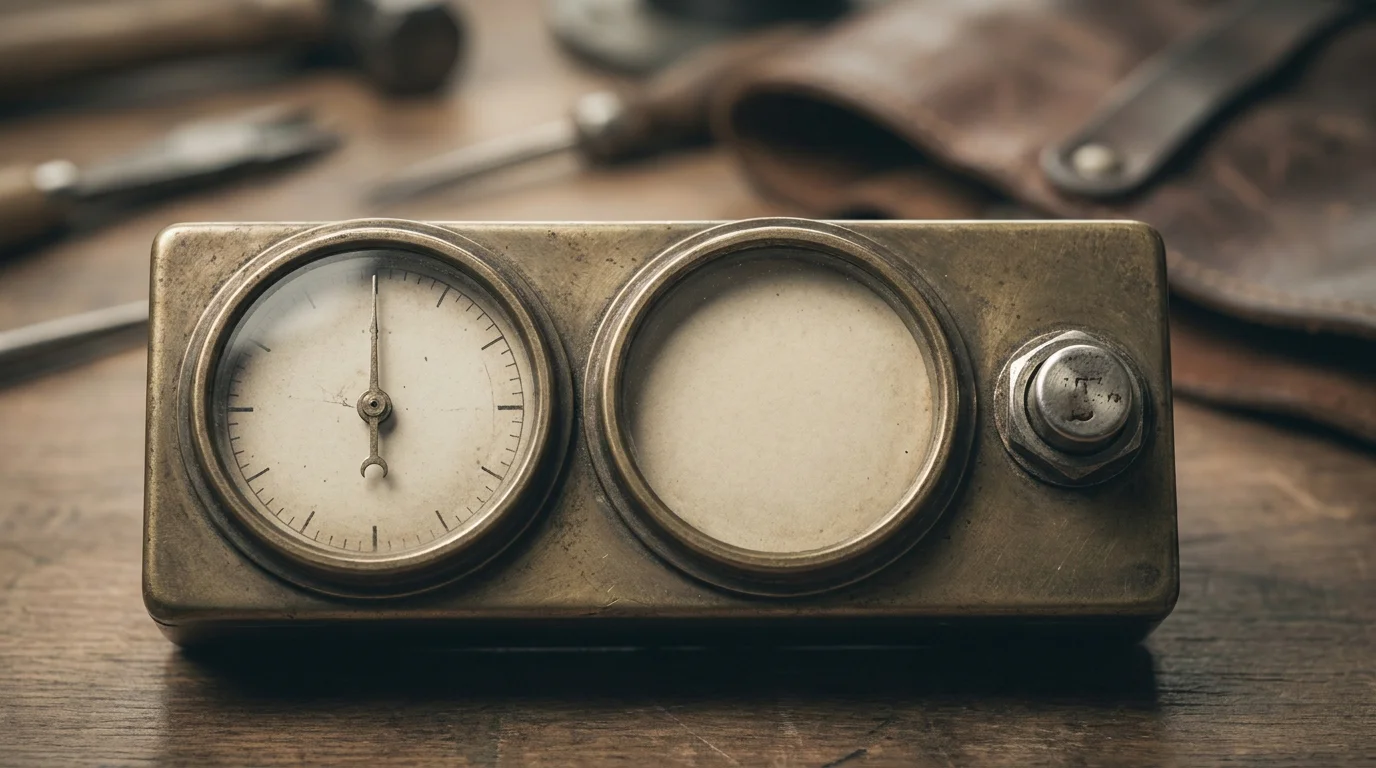 Ein Messgerät mit zwei Skalen, von denen nur eine einen Zeiger hat, daneben ein Reset-Knopf