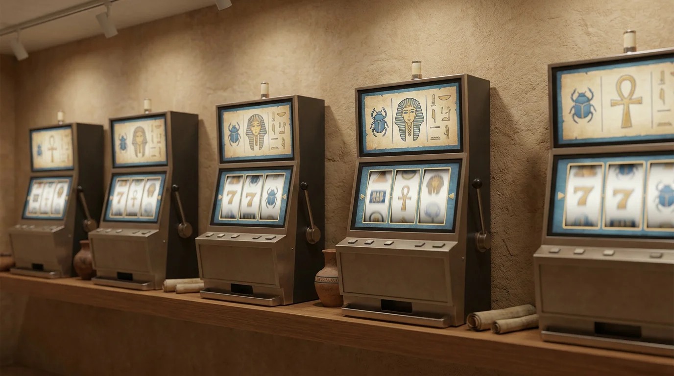 Eine Reihe ähnlich gebauter ägyptisch und mythologisch gefärbter Spielautomaten nebeneinander