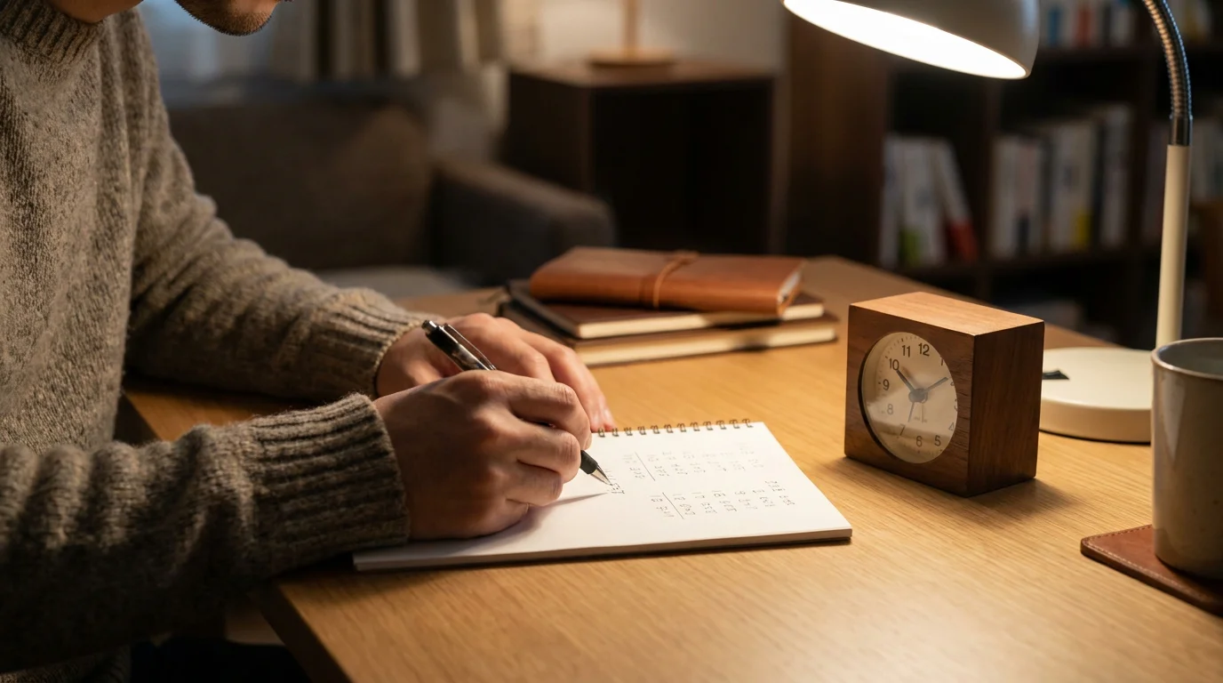 Eine Person rechnet mit Stift und Notizblock einen Freispielgewinn um, daneben eine kleine Uhr