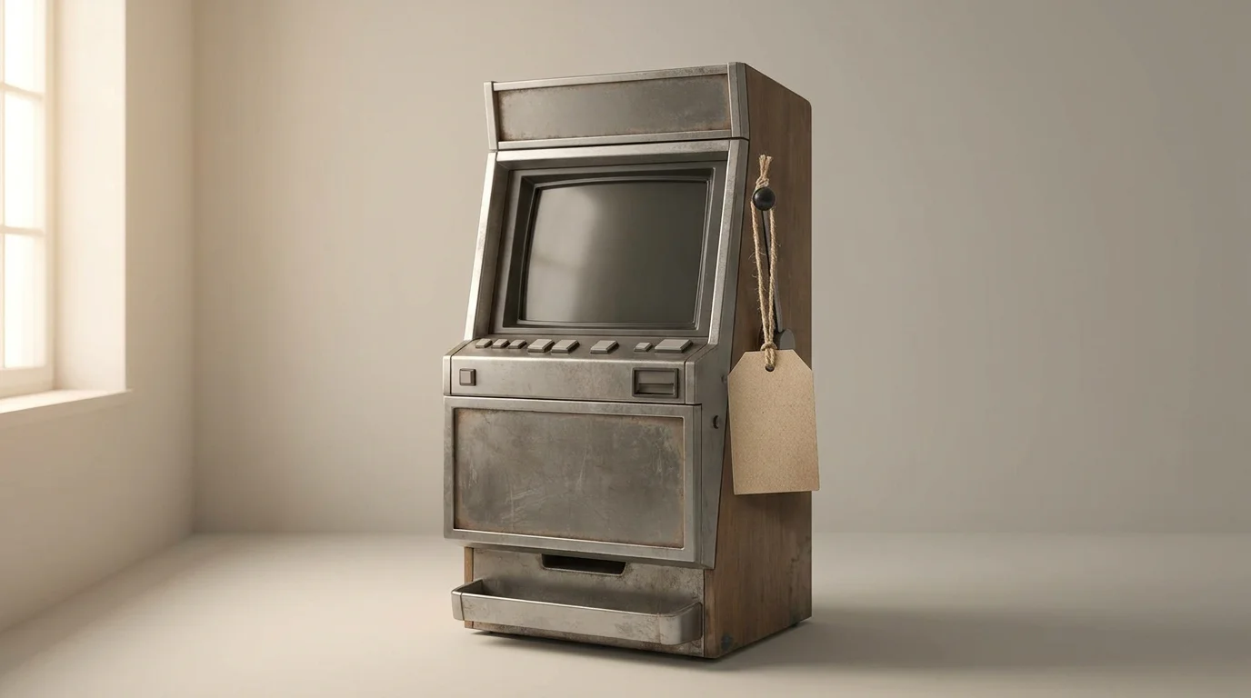 Ein einzelner Spielautomat, an dem ein kleines Etikett befestigt ist