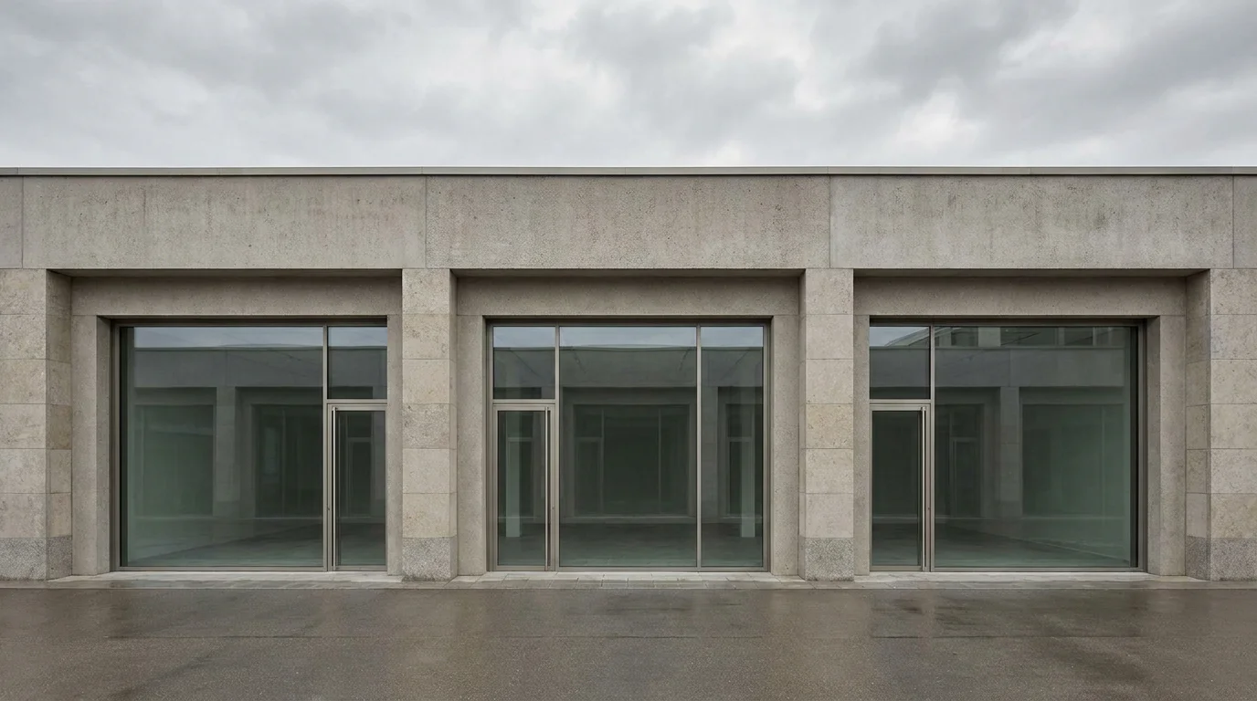 Reihe gleichförmiger Schaufenster einer schlichten Ladenzeile bei bedecktem Himmel