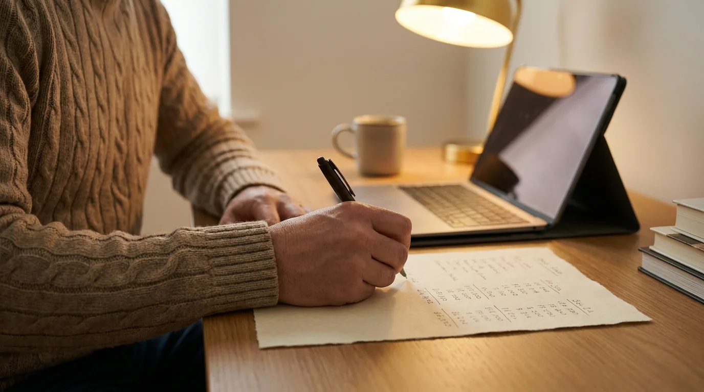 Person notiert Zahlenreihen mit Stift auf einem Blatt an einem ruhigen Schreibtisch