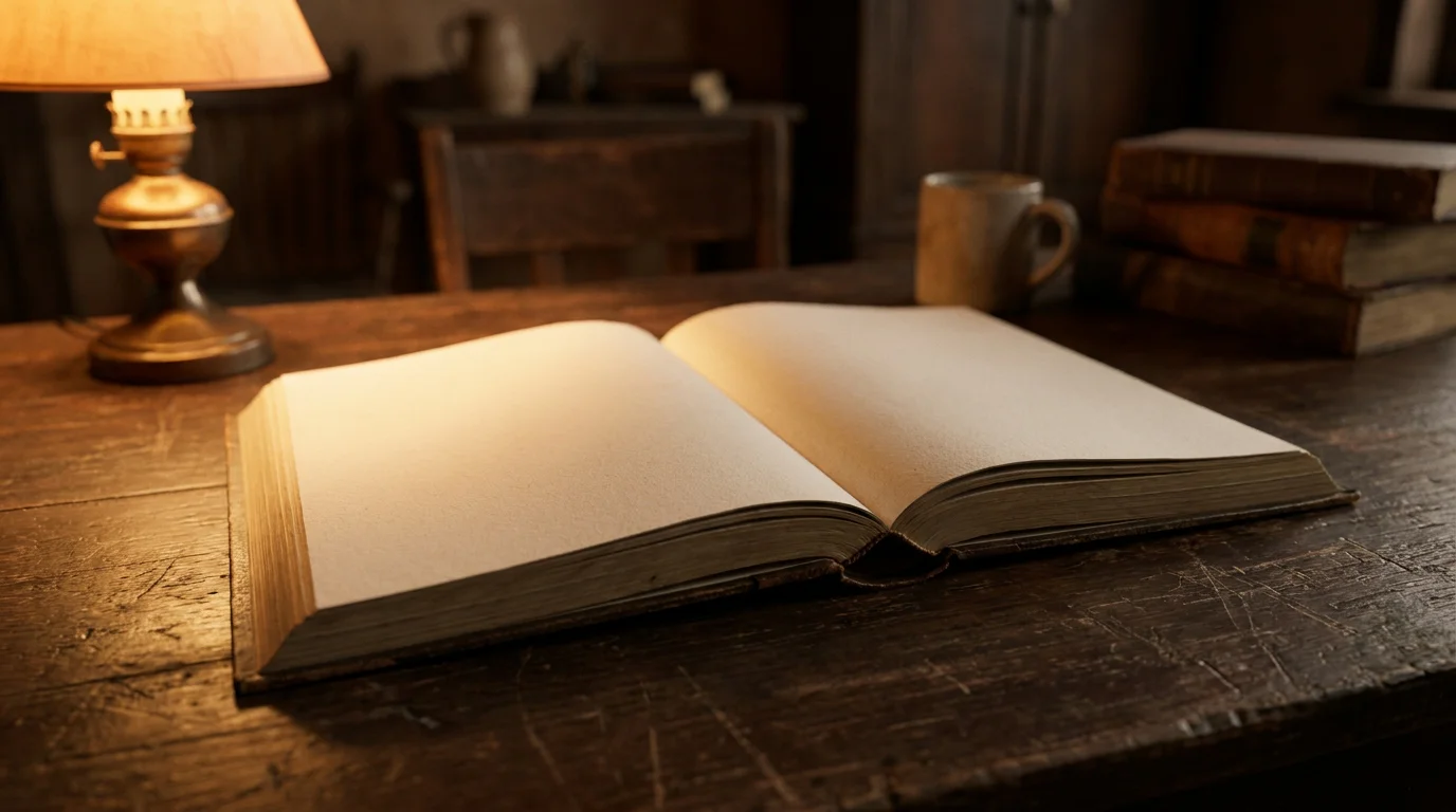 Aufgeschlagenes leeres Buch auf einer dunklen Tischplatte im warmen Licht