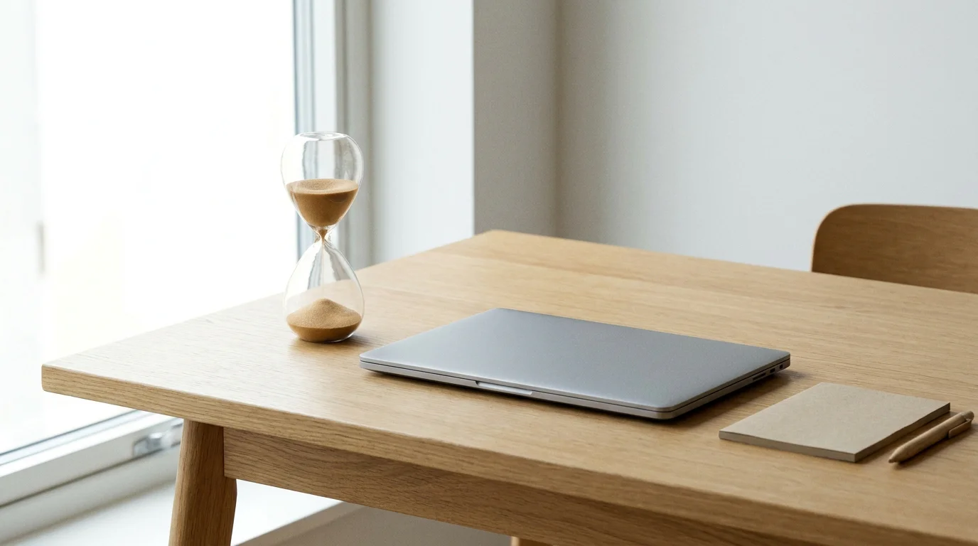 Sanduhr neben einem Notebook mit schlichter Zeitanzeige auf einem Arbeitstisch