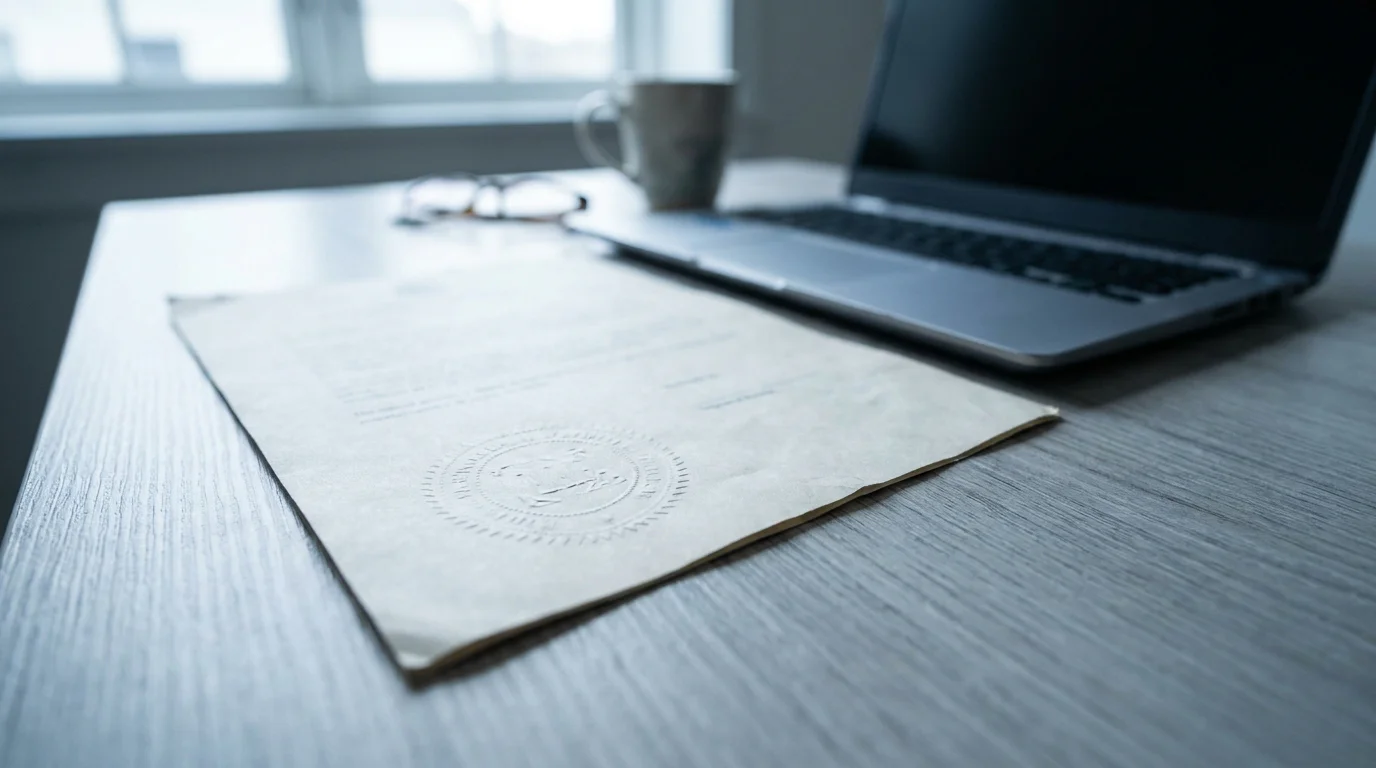 Amtliches Dokument mit Praegestempel neben einem aufgeklappten Notebook