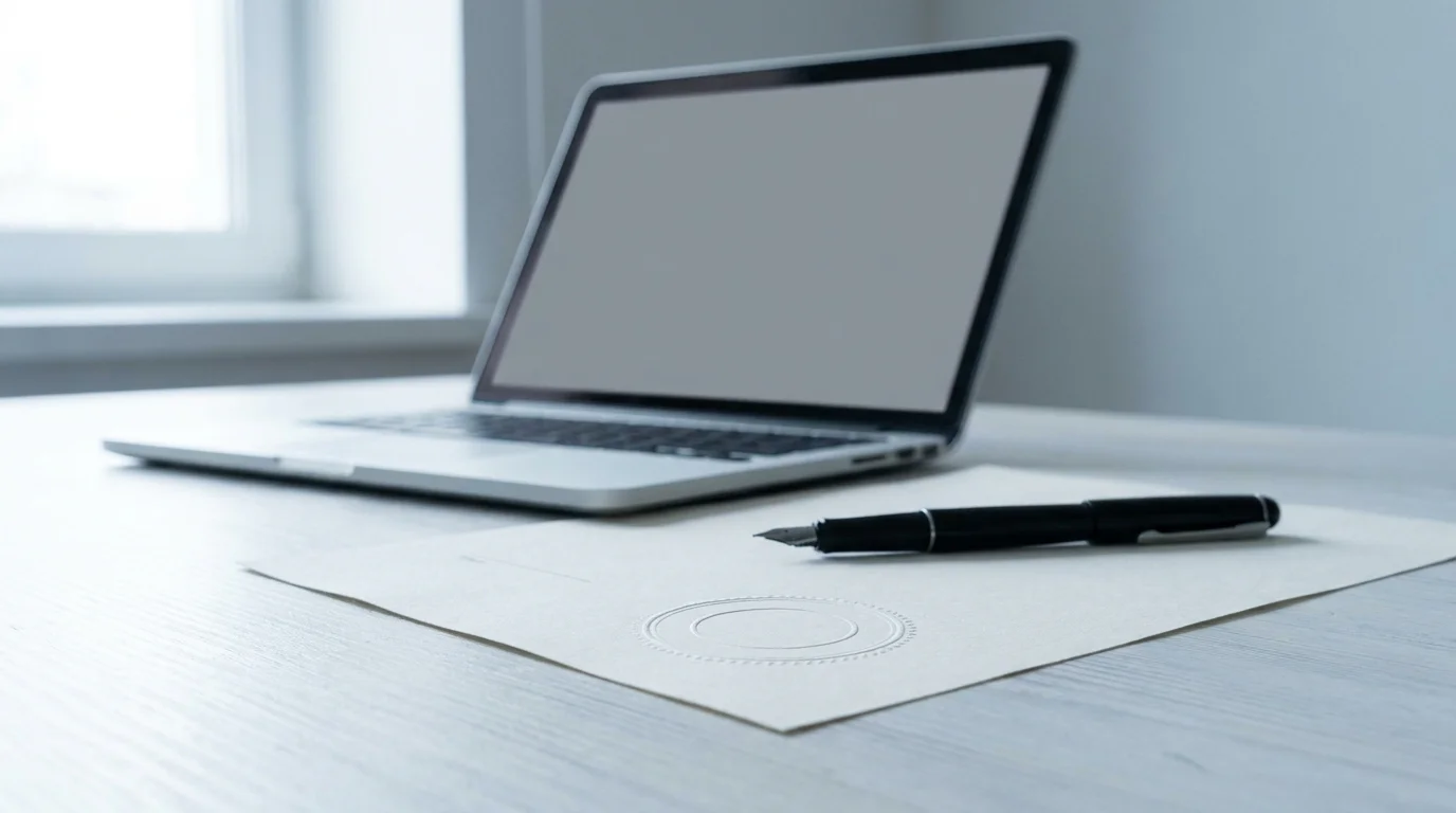 Amtliches Dokument mit Stempel neben einem aufgeklappten Notebook