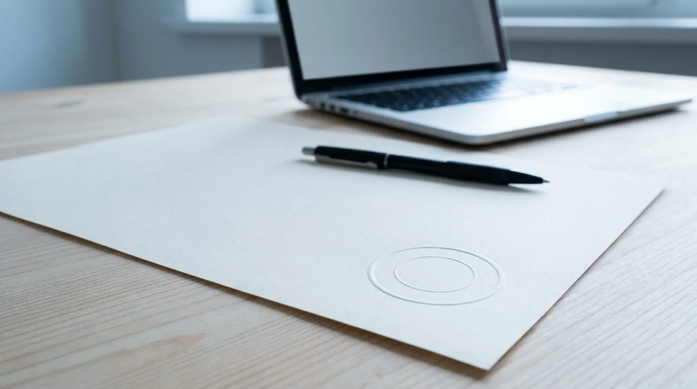 Amtliches Dokument mit Stempel neben einem aufgeklappten Notebook