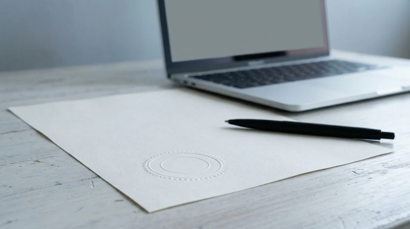 Amtliches Dokument mit Stempel neben einem aufgeklappten Notebook auf hellem Tisch