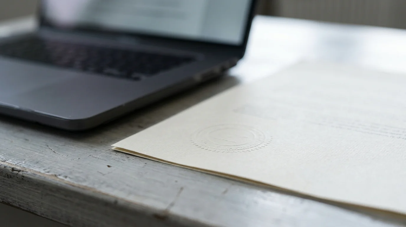 Amtliches Dokument mit Praegestempel neben einem aufgeklappten Notebook