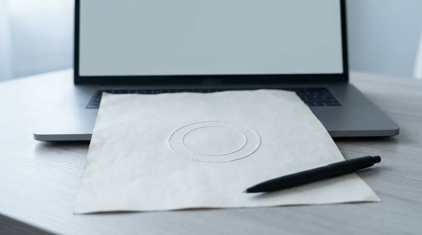 Amtliches Dokument mit Stempel neben einem aufgeklappten Notebook