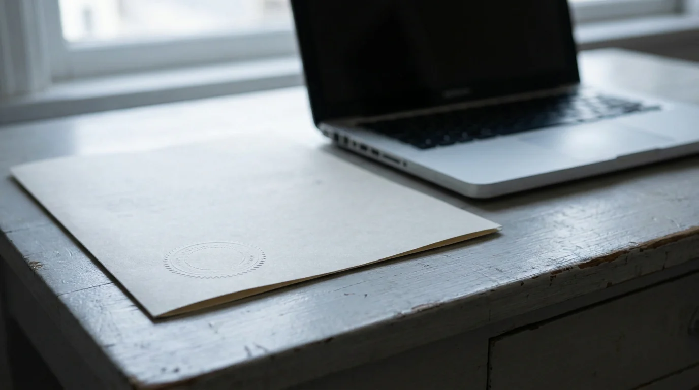 Amtliches Dokument mit Praegestempel neben einem aufgeklappten Notebook auf hellem Tisch