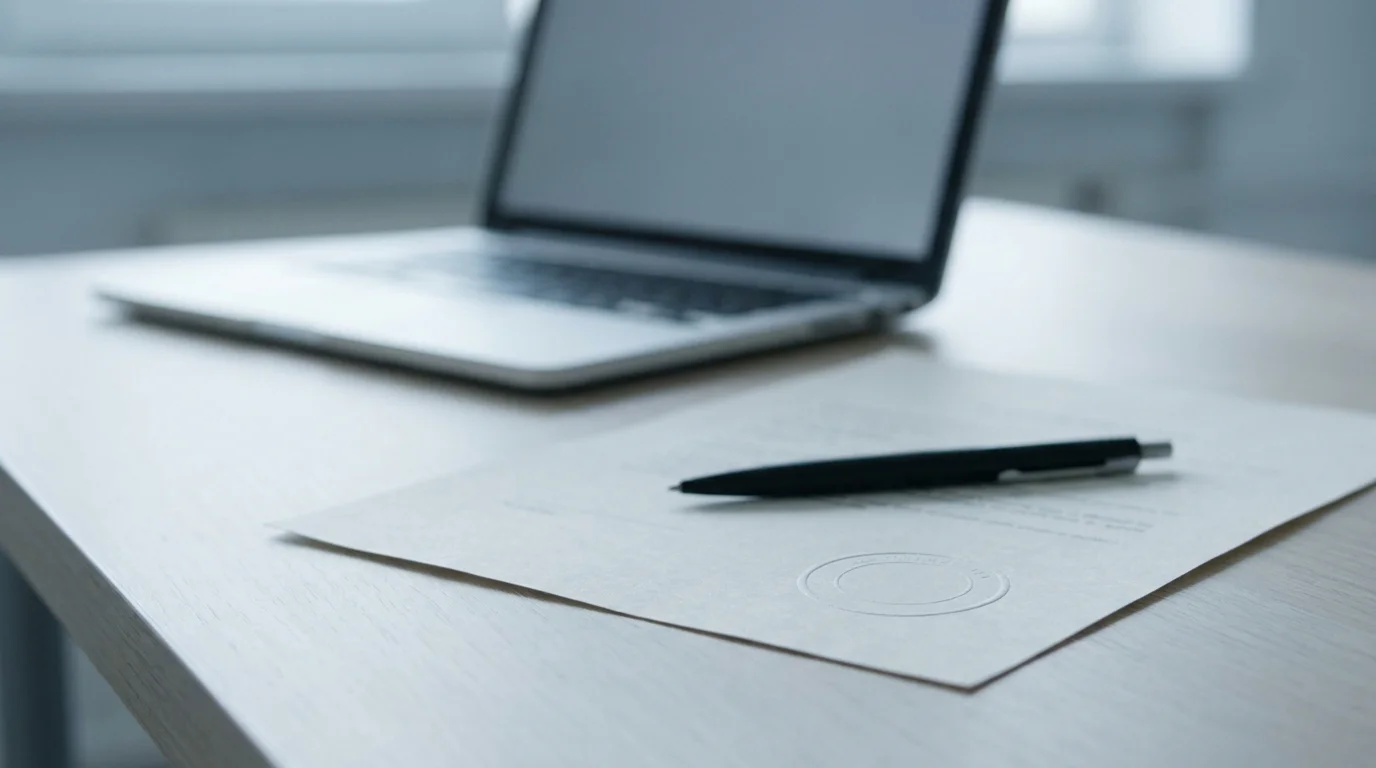 Amtliches Dokument mit Stempel neben einem aufgeklappten Notebook