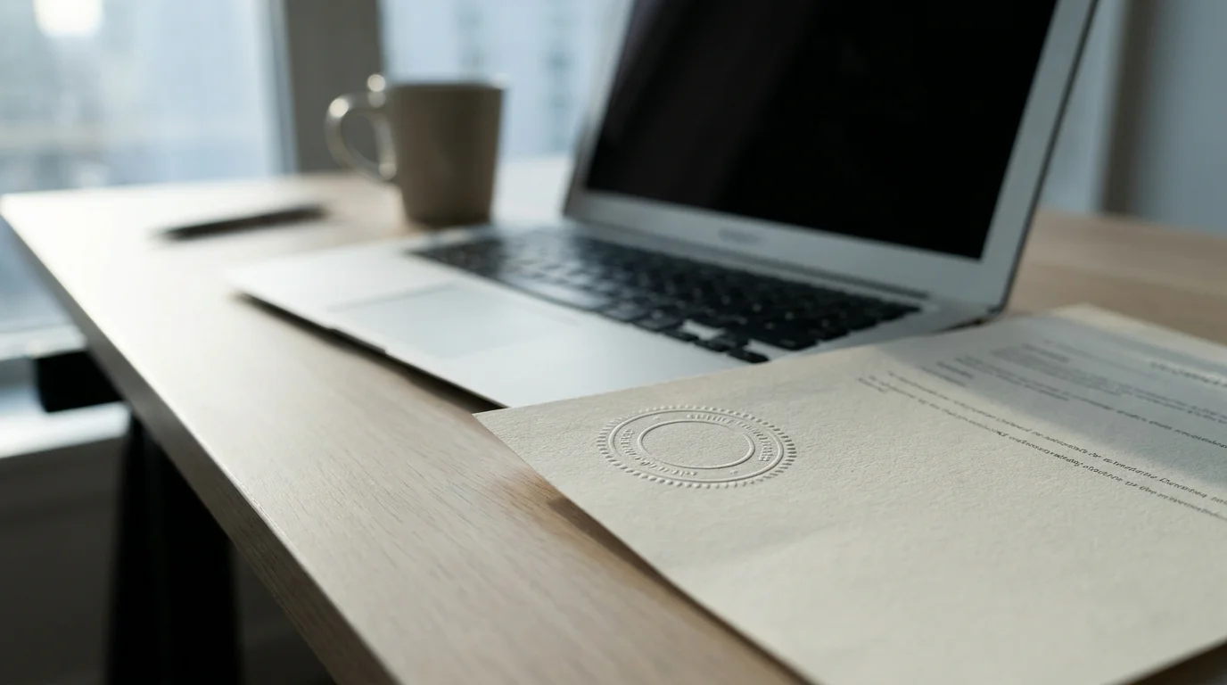 Amtliches Dokument mit Praegestempel neben einem aufgeklappten Notebook