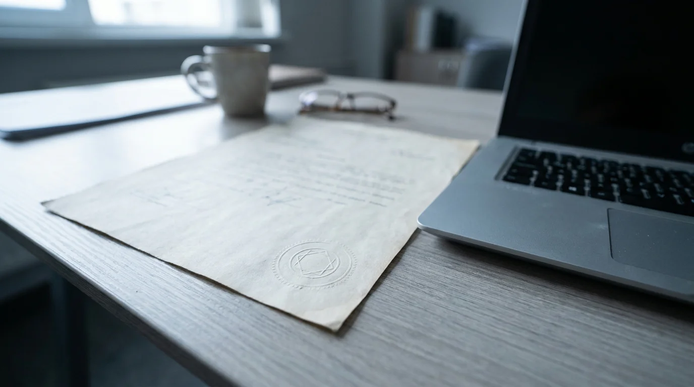 Amtliches Dokument mit Praegestempel neben einem aufgeklappten Notebook