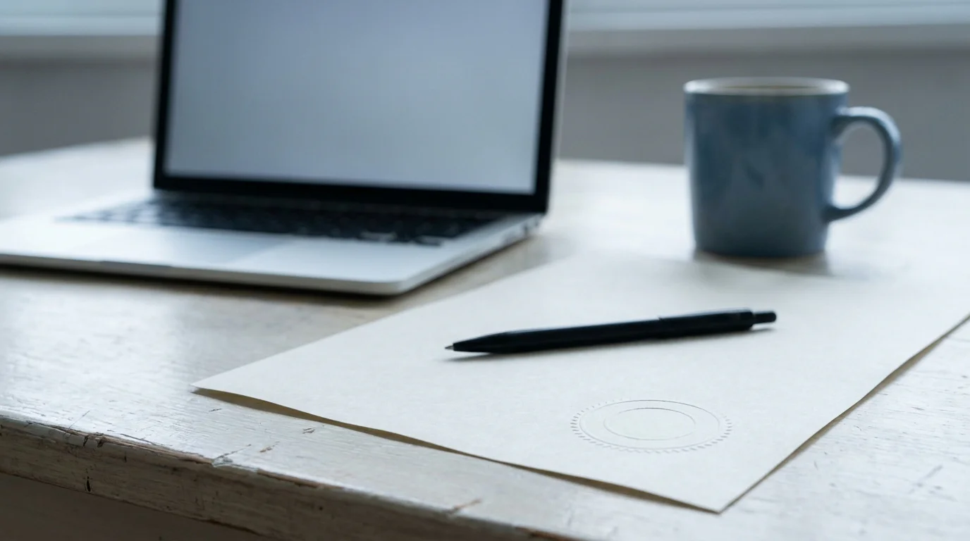 Amtliches Dokument mit Stempel neben einem aufgeklappten Notebook