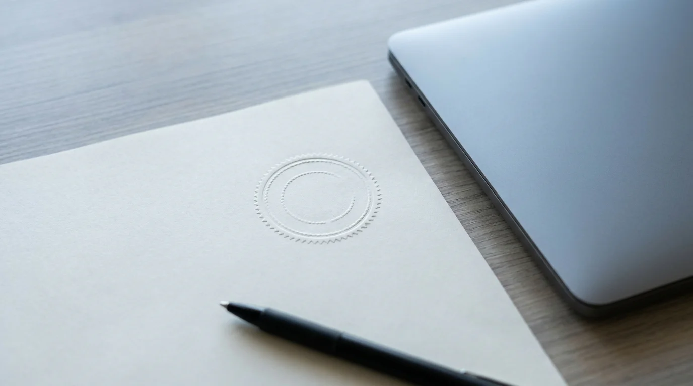 Amtliches Dokument mit Stempel neben einem Notebook auf einem hellen Schreibtisch