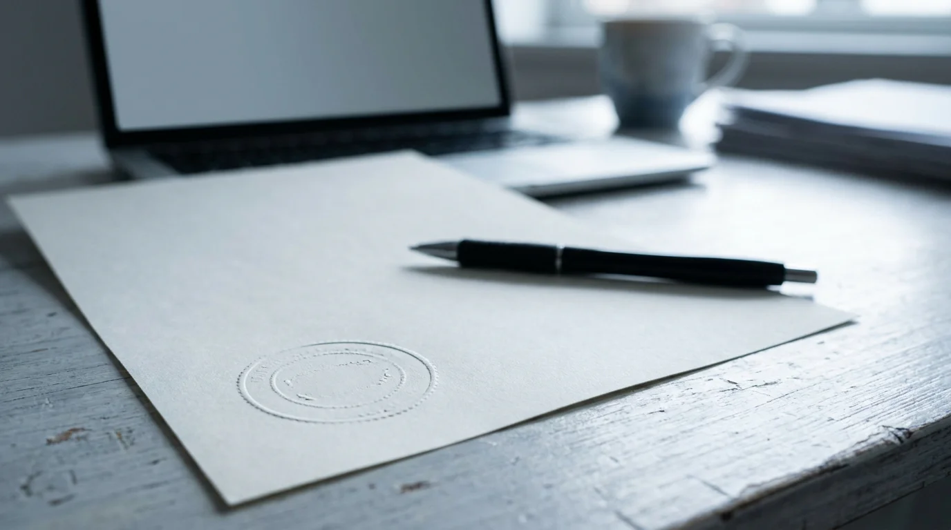 Amtliches Dokument mit Stempel neben einem aufgeklappten Notebook