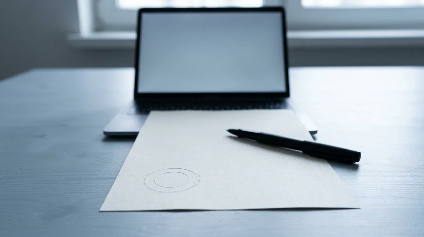 Amtliches Dokument mit Stempel neben einem aufgeklappten Notebook