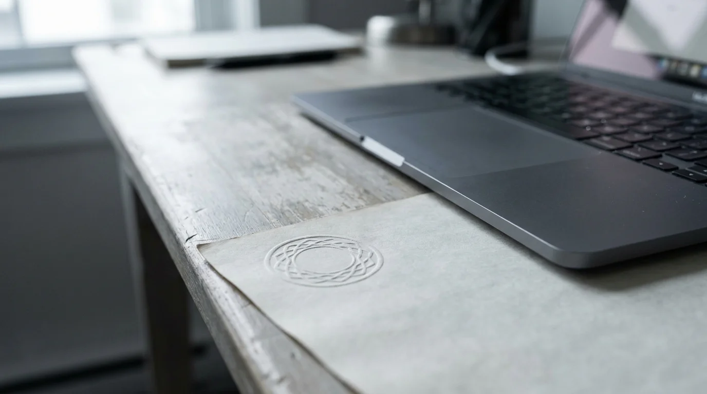 Amtliches Dokument mit Praegestempel neben einem aufgeklappten Notebook