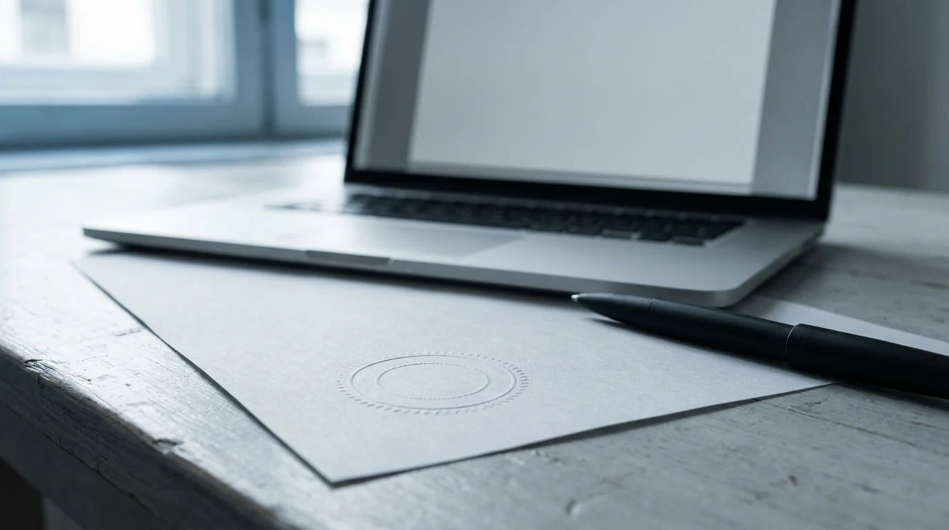 Amtliches Dokument mit Stempel neben einem aufgeklappten Notebook
