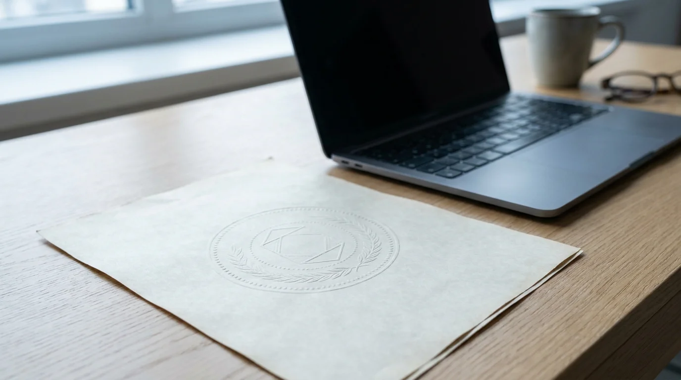 Amtliches Dokument mit Praegestempel neben einem aufgeklappten Notebook