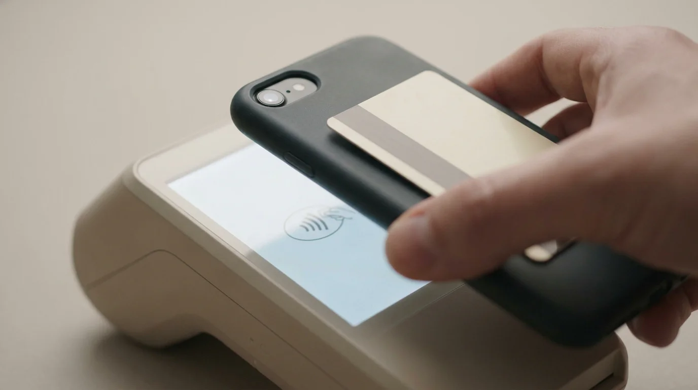 Ein Telefon reicht eine hinterlegte Karte als Ersatzwert weiter, ohne die echte Nummer zu zeigen