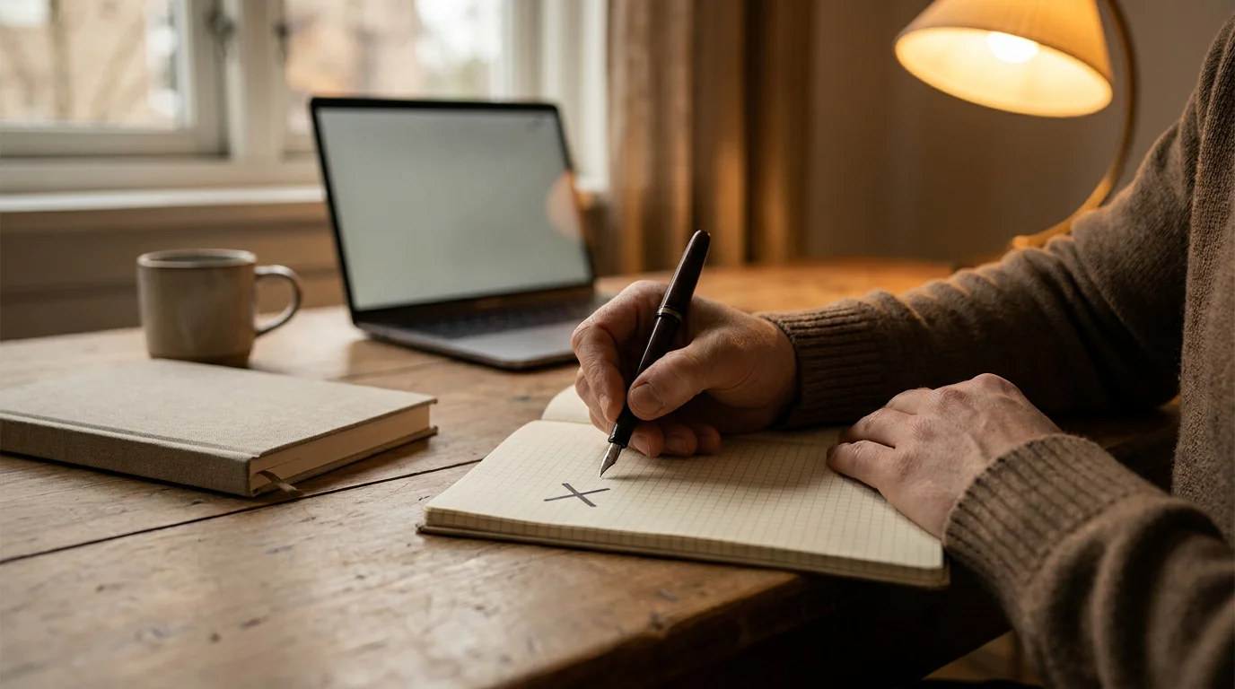Person notiert eine Multiplikation mit Stift auf kariertem Papier am Schreibtisch
