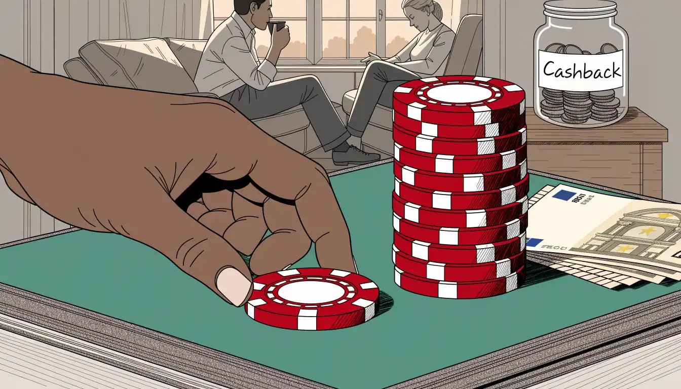 Casino-Chip auf grünem Filz mit Euro-Scheinen und Cashback-Sparbüchse im Hintergrund