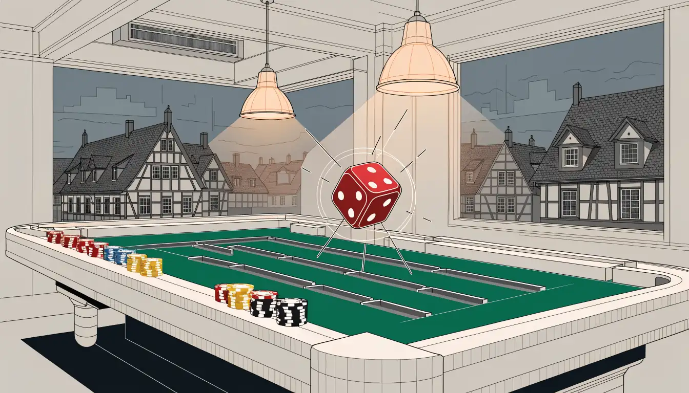 Würfel auf grünem Craps-Tisch mit Spielchips, warmes Casino-Licht, deutsche Altstadt-Silhouette im Hintergrund