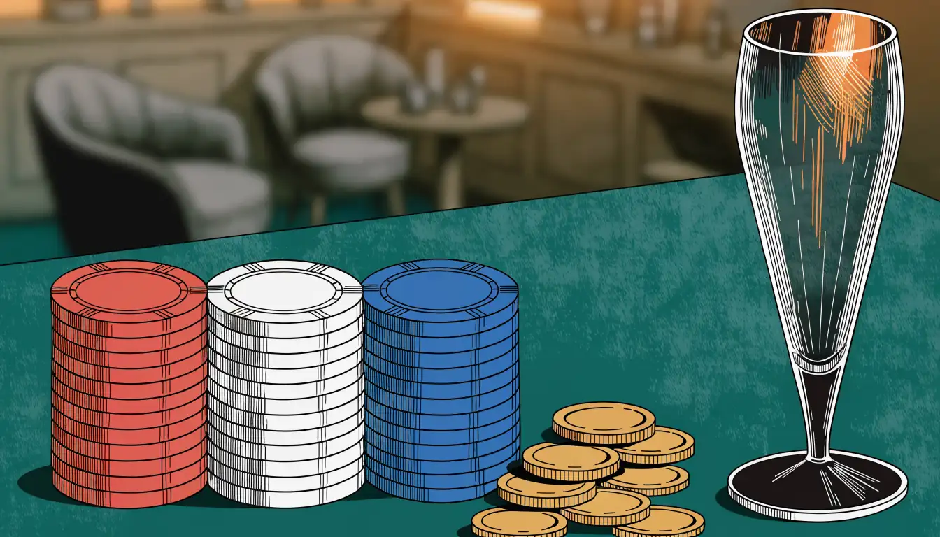 Gestapelte Casino-Chips und Goldmünzen auf grünem Filz neben einem Sektglas